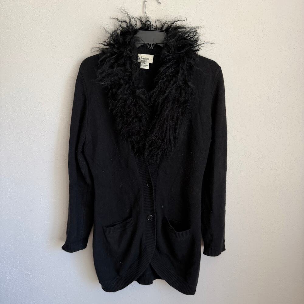 Neiman Marcus Black 2 Button Front 100% Cashmere Fur Collar Cardigan Womens M